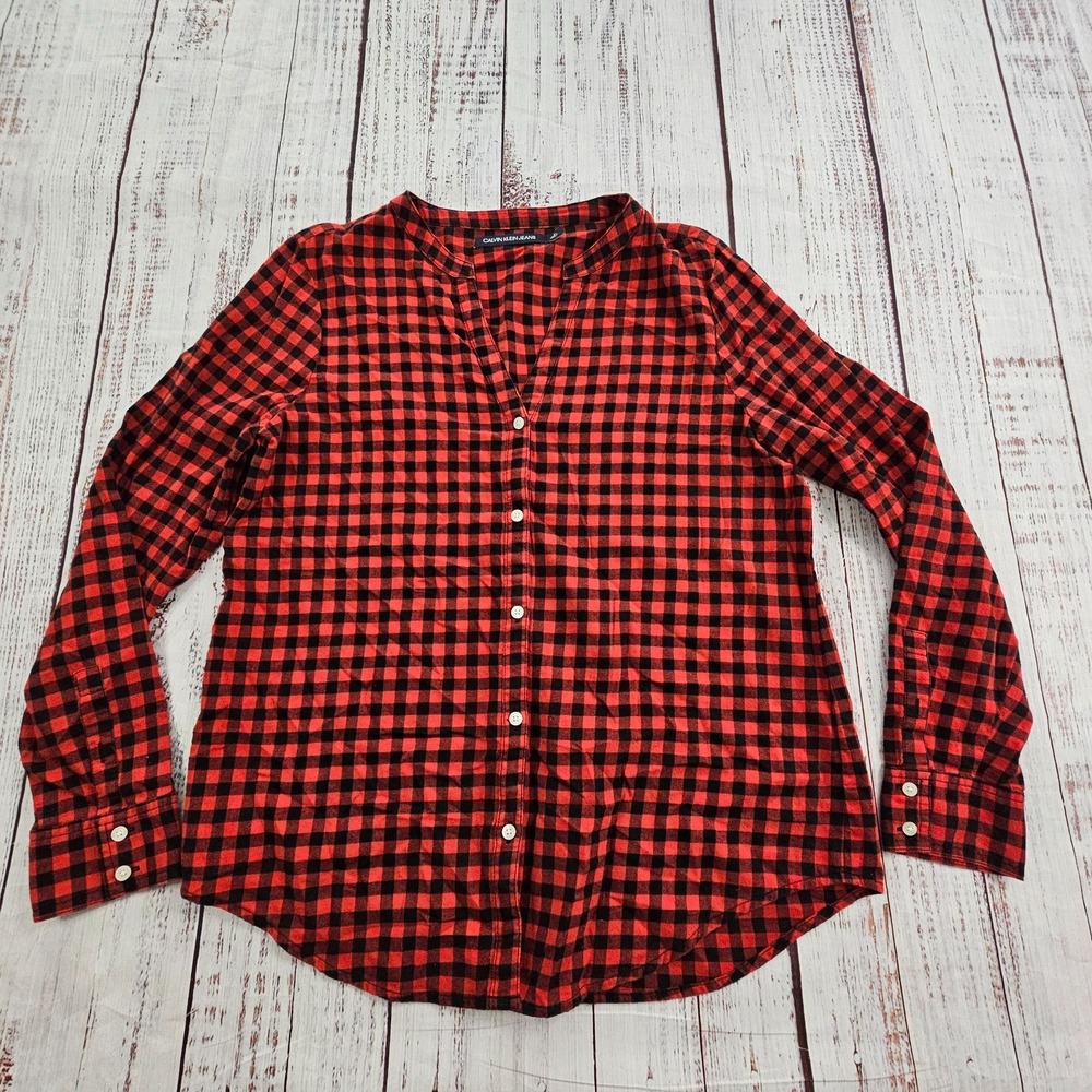 Calvin Klein Jeans Red Check Long Sleeve Cotton Flannel Shirt Women's M
